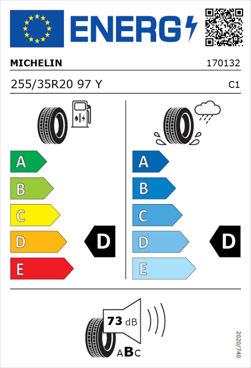 Tyre Label for Michelin Pilot Sport Cup 2 R 255/35R20 97Y